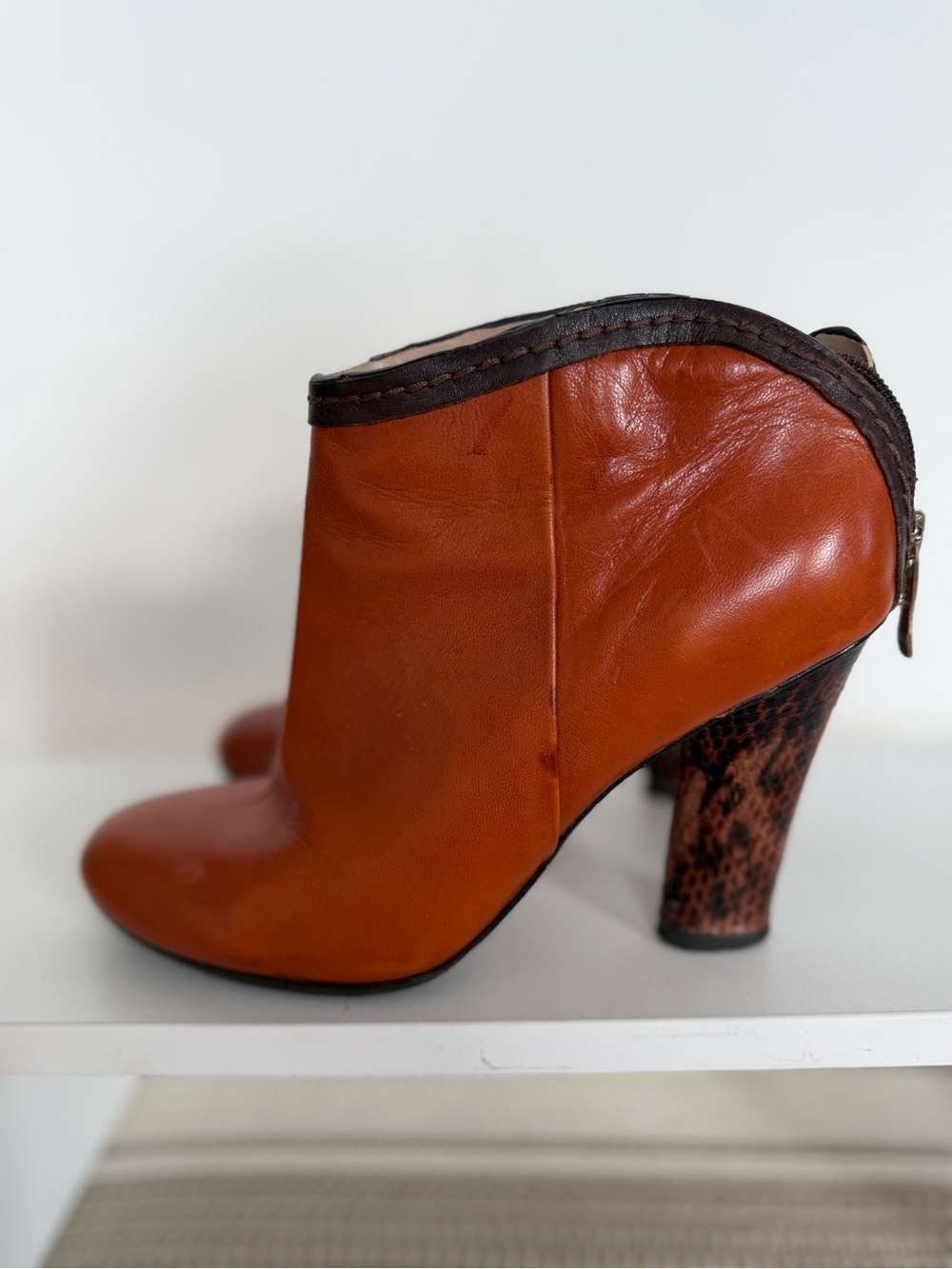GUESS Orange Leather Ankle Booties with Brown Trim Patterned Heel $40 Size 38